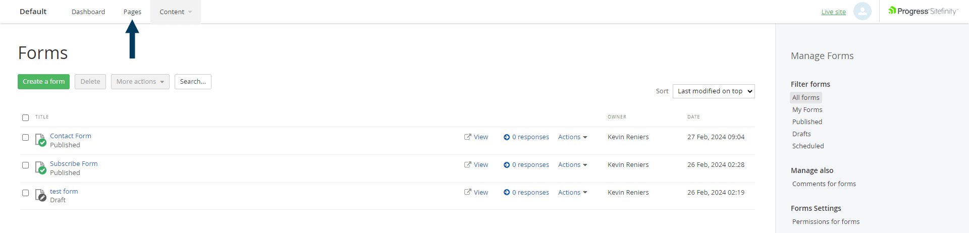 Go to page to place the Form