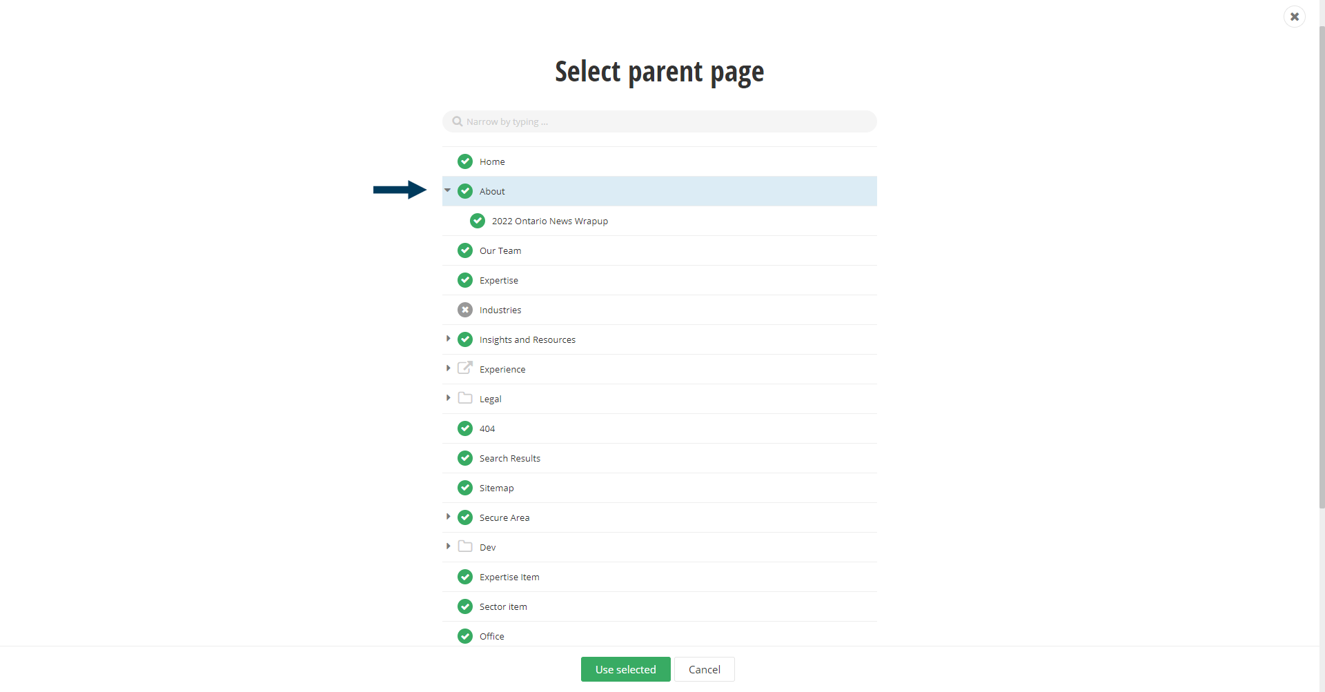 Select Parent Page
