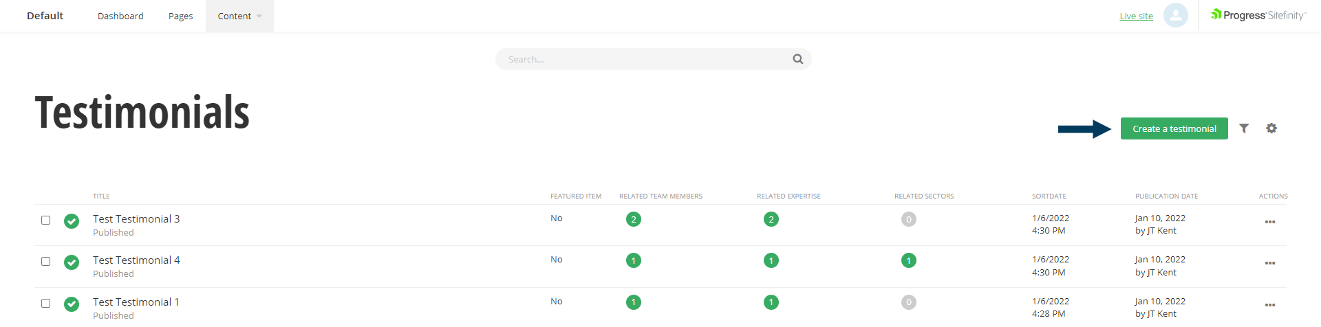 Testimonial List - Create button