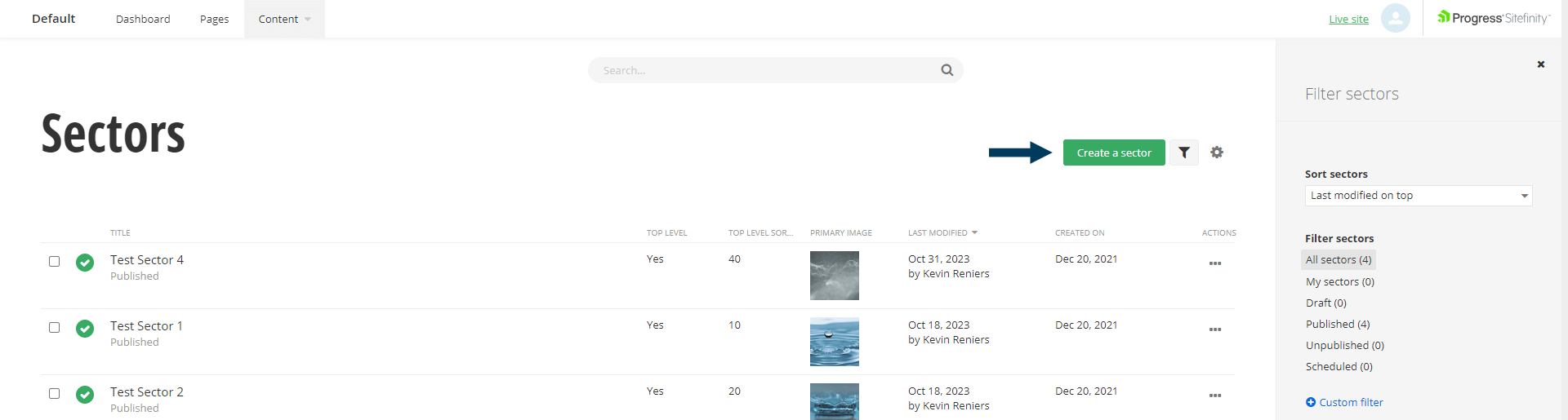 Sectors List View - Create button