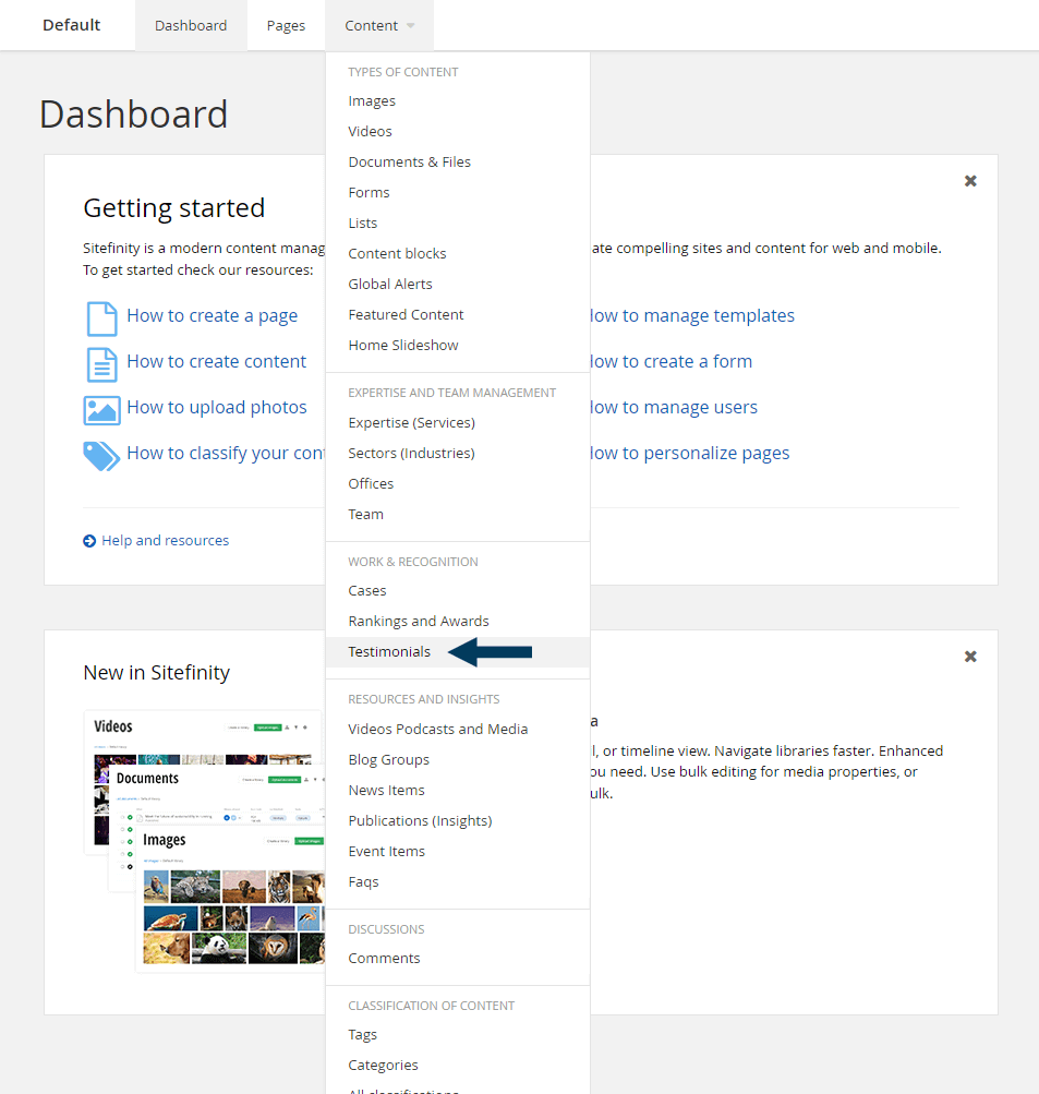 Dashboard - Content - Testimonials