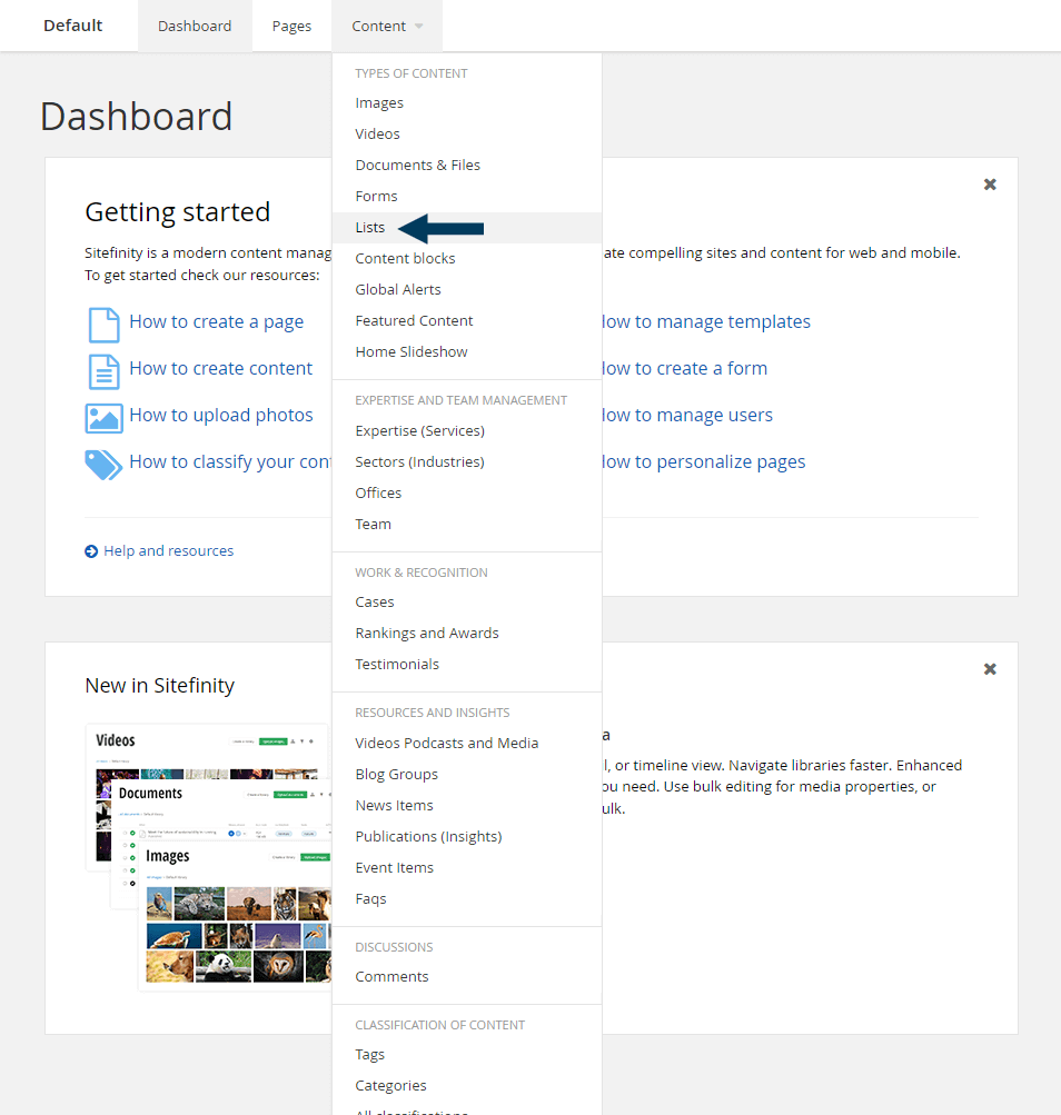 Dashboard - Content - Lists