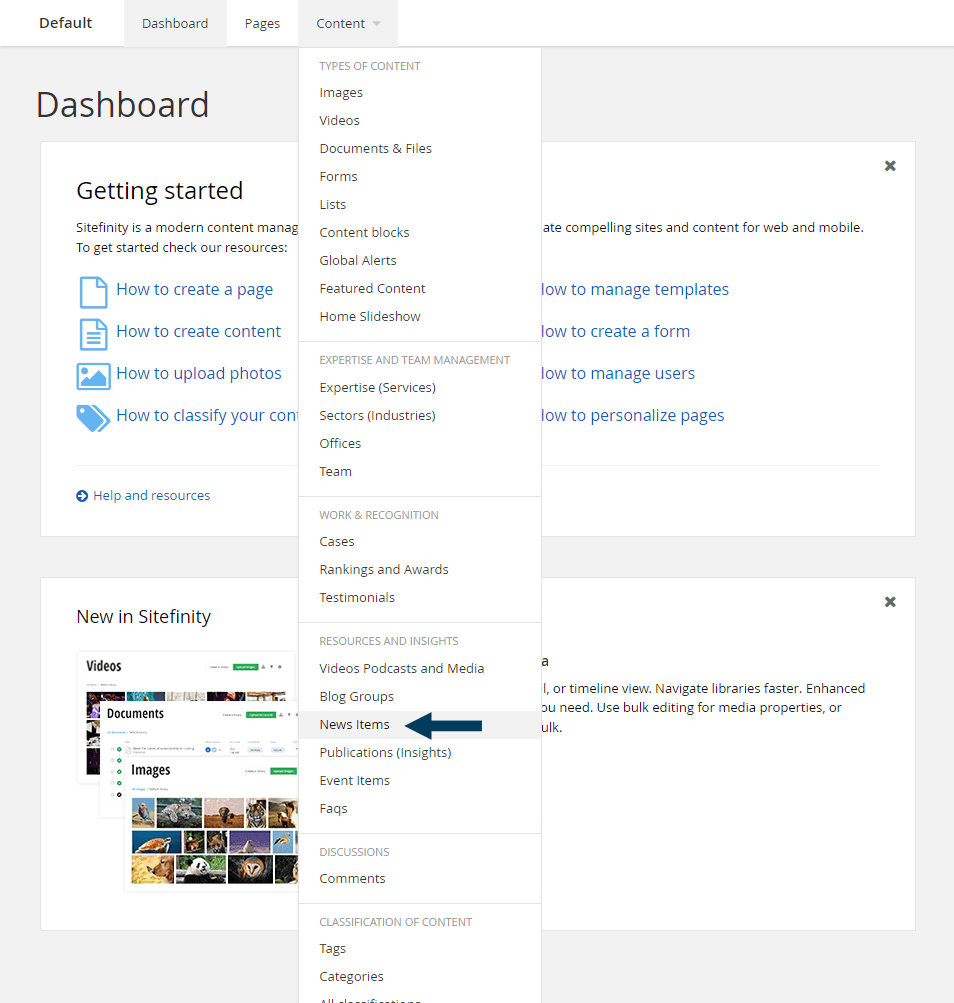 Dashboard - Content - News Items