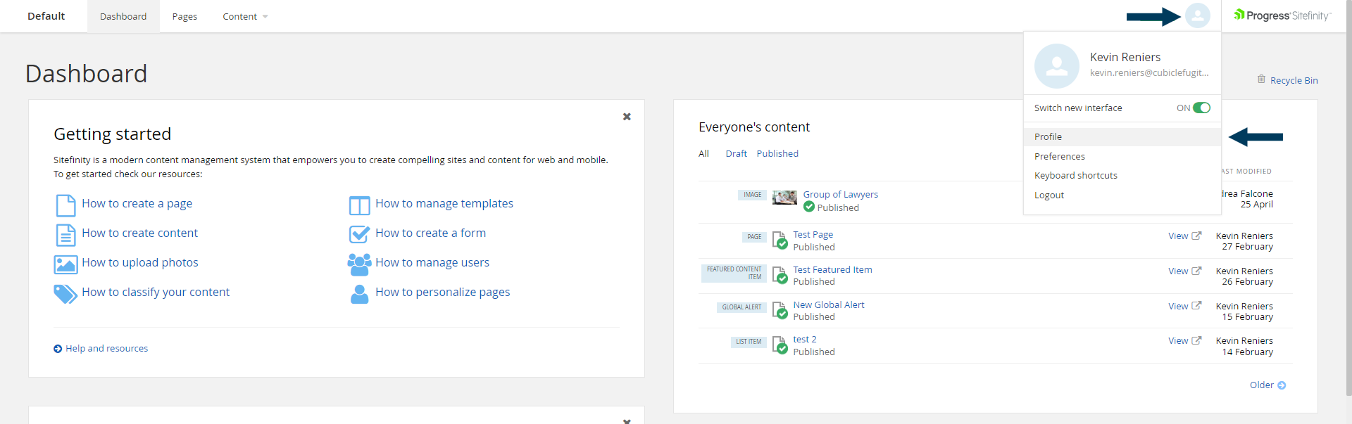 User Icon/User Profile from Dashboard