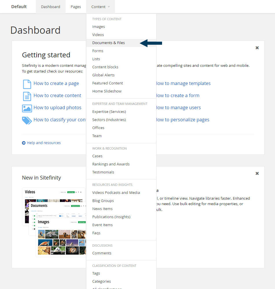 Dashboard - Content - Documents and Files