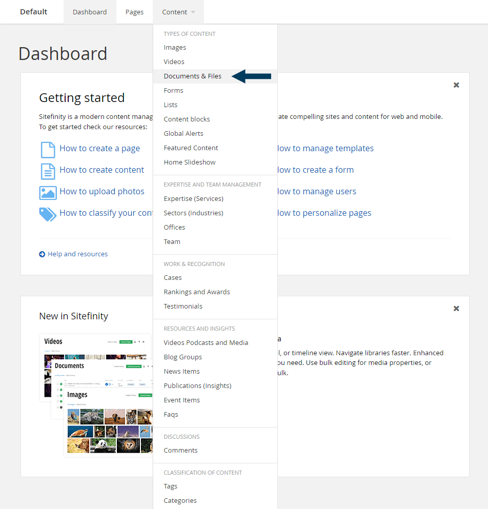 Dashboard - Content - Documents and Files