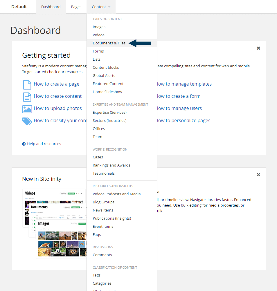 Dashboard - Content - Documents and Files