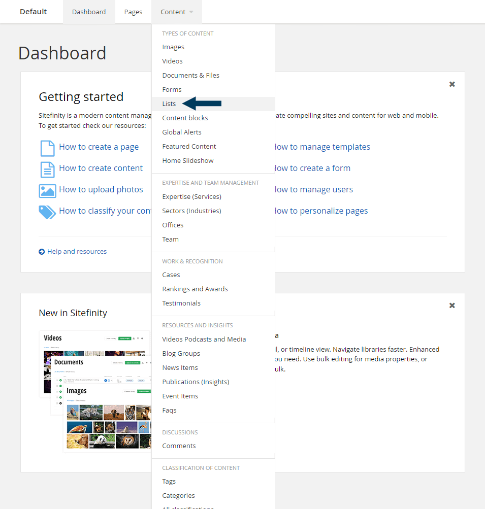 Dashboard - Content - Lists